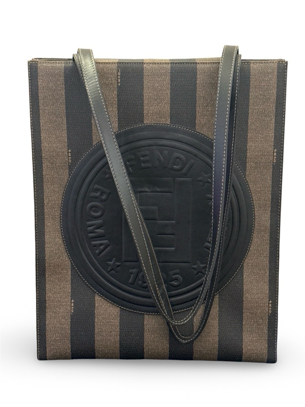 Authentic Fendi Roma Striped Canvas Tote Bag Brown Black Leather L Pequin Tote